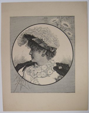 <em>"Printed card with roundel of a woman's portrait. Reverse has words 'Portrait Reproduction of Steel Plate Print.'"</em>. Printed material. Brooklyn Museum. (NK4210_L98_F14_Lycett_inv253.jpg
