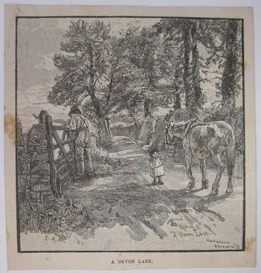 <em>"A Devon Lane. Clipped illustration of a rural lane with caption 'A Devon Lane' Reverse has text and fragment of another illustration.."</em>. Printed material. Brooklyn Museum. (NK4210_L98_F14_Lycett_inv255.jpg