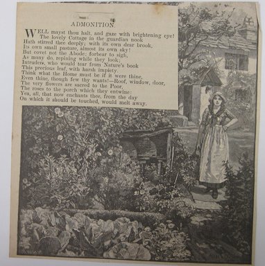 <em>"Admonition. Clipped illustration of a woman standing in a cottage garden, with verse pinned to it titled 'Admonition.' Reverse has text and fragment of another illustration.."</em>. Printed material. Brooklyn Museum. (NK4210_L98_F14_Lycett_inv256.jpg