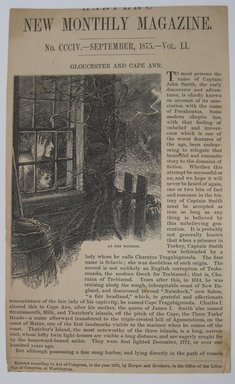 <em>"Gloucester and Cape Ann. Clipped illustration of people looking out a window into a storm with heading 'Gloucester and Cape Ann' Reverse has text and two illustrations of sea scenes.."</em>. Printed material. Brooklyn Museum. (NK4210_L98_F14_Lycett_inv269.jpg