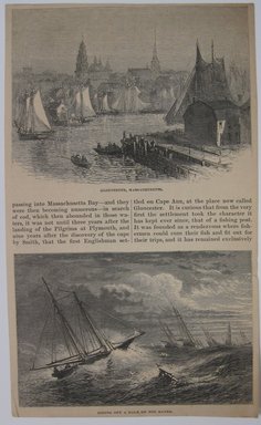 <em>"Gloucester and Cape Ann. Clipped illustration of people looking out a window into a storm with heading 'Gloucester and Cape Ann' Reverse has text and two illustrations of sea scenes.."</em>. Printed material. Brooklyn Museum. (NK4210_L98_F14_Lycett_inv269_verso.jpg