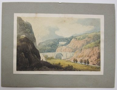 <em>"Printed illustration of a landscape with a bridge mounted on grey paper. Reverse is blank."</em>. Printed material. Brooklyn Museum. (NK4210_L98_F14_Lycett_inv270.jpg