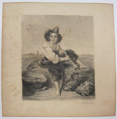 <em>"Ink painting (or print) of boy sitting on rocks with musical instrument. Reverse has illegible pencil marks."</em>. Printed material. Brooklyn Museum. (NK4210_L98_F14_Lycett_inv273.jpg