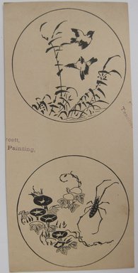 <em>"Clipped paper with two roundels, one with an illustration of birds and one with an illustration of a spider. Reverse is blank."</em>. Printed material. Brooklyn Museum. (NK4210_L98_F14_Lycett_inv279.jpg