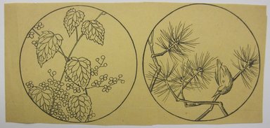 <em>"Clipped paper with two roundels, one with an illustration of leaves and one with an illustration of pine needles. Reverse is blank."</em>. Printed material. Brooklyn Museum. (NK4210_L98_F14_Lycett_inv280.jpg