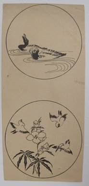 <em>"Clipped paper with two roundels, one with an illustration of leaves and one with an illustration of pine needles. Reverse is blank."</em>. Printed material. Brooklyn Museum. (NK4210_L98_F14_Lycett_inv281.jpg