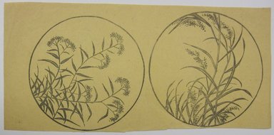 <em>"Clipped paper with two roundels each with a different illustration of blades of grass. Reverse is blank."</em>. Printed material. Brooklyn Museum. (NK4210_L98_F14_Lycett_inv282.jpg