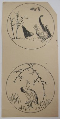 <em>"Clipped paper with two roundels, one with an illustration of chickens and one with an illustration of a goose. Reverse is blank."</em>. Printed material. Brooklyn Museum. (NK4210_L98_F14_Lycett_inv284.jpg