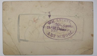 <em>"Painting of a mussel shell in front of seaweed. 'Wm Lycett 155 West Bway N.Y.' written in ink on bottom of sheet and 'Mrs. Lewiis' written in pencil on left of sheet. 'W.M. LYCETT/23 UNION SQUARE/NEW YORK/ART SCHOOL' stamped on reverse."</em>. Printed material. Brooklyn Museum. (NK4210_L98_F14_Lycett_inv293_verso.jpg