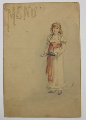 <em>"Painting of girl holding a tray, 'MENU' painted at top left of sheet. Reverse is blank."</em>. Printed material. Brooklyn Museum. (NK4210_L98_F14_Lycett_inv314.jpg