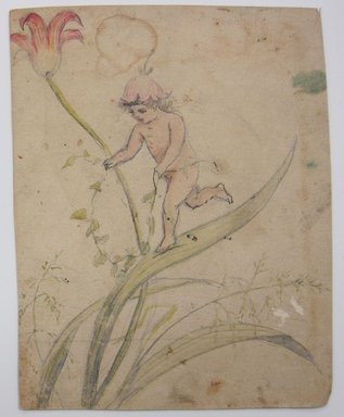 <em>"Painting of a naked girl running along a leaf with flowers around her. Reverse is blank."</em>. Printed material. Brooklyn Museum. (NK4210_L98_F14_Lycett_inv316.jpg