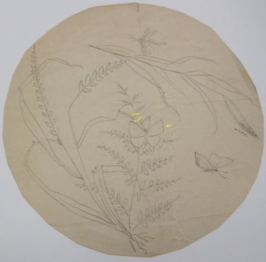 <em>"Graphite drawing of plants and butterflies on the back of a page from a book. Reverse has text."</em>. Printed material. Brooklyn Museum. (NK4210_L98_F14_Lycett_inv317.jpg