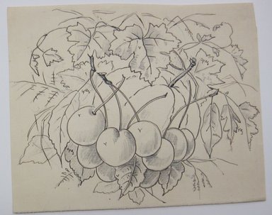 <em>"Graphite and ink drawing of cherries and leaves. Reverse is blank."</em>. Printed material. Brooklyn Museum. (NK4210_L98_F14_Lycett_inv322.jpg