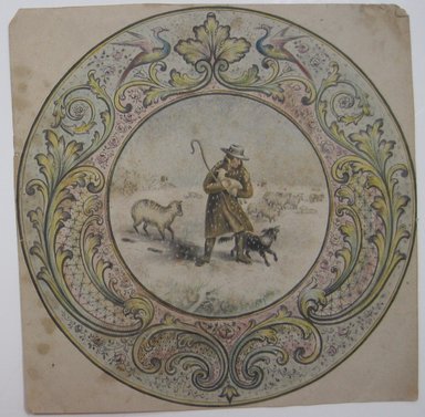 <em>"Image of a shepherd and sheep in the snow in a folated round frame, both possibly commercially printed."</em>. Printed material. Brooklyn Museum. (NK4210_L98_F14_Lycett_inv333.jpg