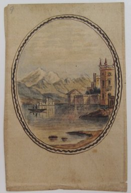 <em>"Oval-shaped painting of a town with castle on a riverbank, with mountains in the background. Reverse is blank."</em>. Printed material. Brooklyn Museum. (NK4210_L98_F14_Lycett_inv334.jpg