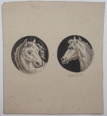 <em>"Two roundels featuring horse heads, with illegible inscription in graphite. Reverse has four roundels with dog heads in graphite."</em>. Printed material. Brooklyn Museum. (NK4210_L98_F14_Lycett_inv337.jpg