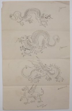 <em>"Ink drawings of four different dragons, 'labelled Japanese, Japanese, Medieaval, and heraldic Dragon' Reverse is blank."</em>. Printed material. Brooklyn Museum. (NK4210_L98_F14_Lycett_inv341.jpg