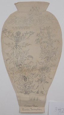 <em>"Cut-out graphite drawing of a vase with decoration. 'Corean Vase Persian Decoration' written in graphite underneath. Reverse has graphite drawings of flowers."</em>. Printed material. Brooklyn Museum. (NK4210_L98_F14_Lycett_inv342.jpg