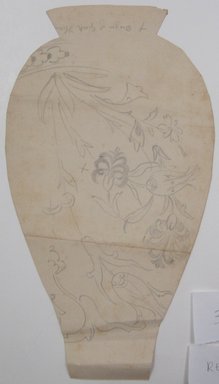 <em>"Cut-out graphite drawing of a vase with decoration. 'Corean Vase Persian Decoration' written in graphite underneath. Reverse has graphite drawings of flowers."</em>. Printed material. Brooklyn Museum. (NK4210_L98_F14_Lycett_inv342_verso.jpg