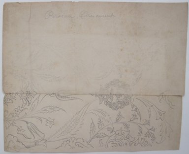 <em>"Graphite drawing of botanical ornament that has been doubled by folding the paper and pressing the drawing onto the other side, with graphite caption 'Persian Ornament'. Reverse is blank."</em>. Printed material. Brooklyn Museum. (NK4210_L98_F14_Lycett_inv343.jpg