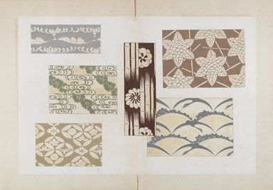 <em>"Textile designs from Classical patterns for dyeing, volume 2, Monyo no maki."</em>. Printed material, 17 x 12 in (30.5 x 48 cm). Brooklyn Museum. (Photo: Brooklyn Museum, NK8884_K17h_Hana_Shishu_v02_page06-07_PS4.jpg