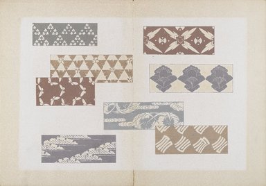 <em>"Textile designs from Classical patterns for dyeing, volume 2, Monyo no maki."</em>. Printed material, 17 x 12 in (30.5 x 48 cm). Brooklyn Museum. (Photo: Brooklyn Museum, NK8884_K17h_Hana_Shishu_v02_page10-11_PS4.jpg