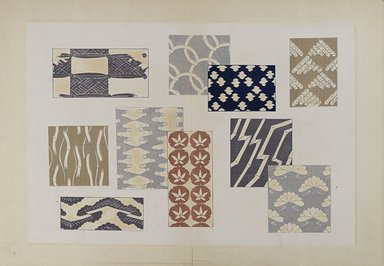 <em>"Textile designs from Classical patterns for dyeing, volume 2, Monyo no maki."</em>. Printed material, 17 x 12 in (30.5 x 48 cm). Brooklyn Museum. (Photo: Brooklyn Museum, NK8884_K17h_Hana_Shishu_v02_page12-13_PS4.jpg