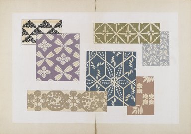 <em>"Textile designs from Classical patterns for dyeing, volume 2, Monyo no maki."</em>. Printed material, 17 x 12 in (30.5 x 48 cm). Brooklyn Museum. (Photo: Brooklyn Museum, NK8884_K17h_Hana_Shishu_v02_page14-15_PS4.jpg