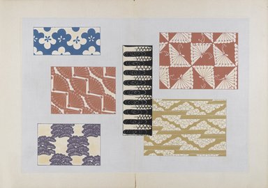 <em>"Textile designs from Classical patterns for dyeing, volume 2, Monyo no maki."</em>. Printed material, 17 x 12 in (30.5 x 48 cm). Brooklyn Museum. (Photo: Brooklyn Museum, NK8884_K17h_Hana_Shishu_v02_page18-19_PS4.jpg