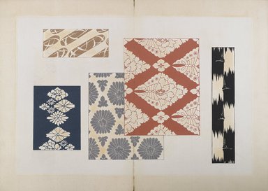 <em>"Textile designs from Classical patterns for dyeing, volume 2, Monyo no maki."</em>. Printed material, 17 x 12 in (30.5 x 48 cm). Brooklyn Museum. (Photo: Brooklyn Museum, NK8884_K17h_Hana_Shishu_v02_page30-31_PS4.jpg