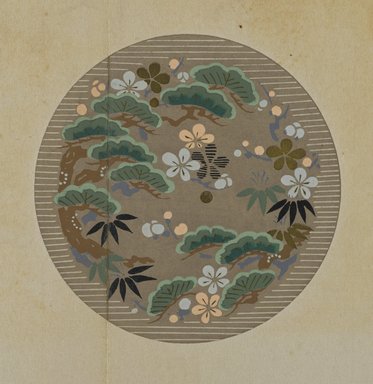 <em>"Textile designs from Classical patterns for dyeing, volume 10, Shochikubai no maki, detail."</em>, 1934-38. Printed material, 12.5 in (31 cm). Brooklyn Museum, Hana Shishu. (NK8884_K17h_v10_p03-04_detail2_PS2.jpg