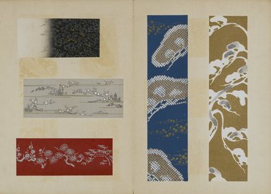 <em>"Textile designs from Classical patterns for dyeing, volume 10, Shochikubai no maki."</em>, 1934-38. Printed material, 12.5 in (31 cm). Brooklyn Museum, Hana Shishu. (NK8884_K17h_v10_p07-08_PS2.jpg