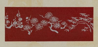 <em>"Textile designs from Classical patterns for dyeing, volume 10, Shochikubai no maki, detail."</em>, 1934-38. Printed material, 12.5 in (31 cm). Brooklyn Museum, Hana Shishu. (NK8884_K17h_v10_p07-08_detail3_PS2.jpg