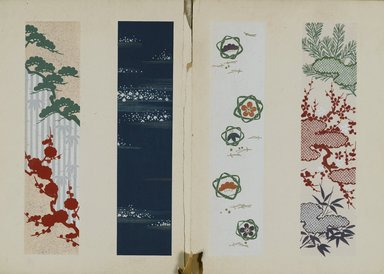 <em>"Textile designs from Classical patterns for dyeing, volume 10, Shochikubai no maki."</em>, 1934-38. Printed material, 12.5 in (31 cm). Brooklyn Museum, Hana Shishu. (NK8884_K17h_v10_p09-10_PS2.jpg