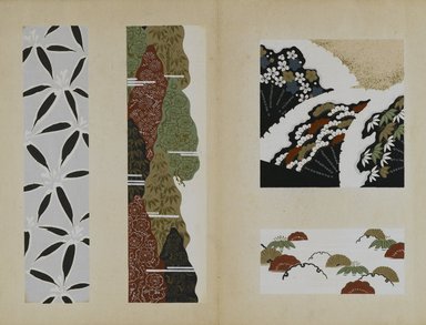 <em>"Textile designs from Classical patterns for dyeing, volume 10, Shochikubai no maki."</em>, 1934-38. Printed material, 12.5 in (31 cm). Brooklyn Museum, Hana Shishu. (NK8884_K17h_v10_p11-12_PS2.jpg