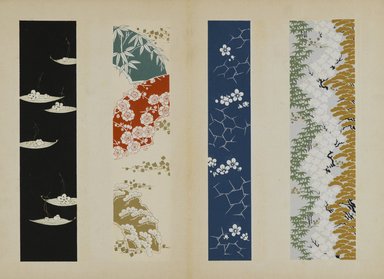 <em>"Textile designs from Classical patterns for dyeing, volume 10, Shochikubai no maki."</em>, 1934-38. Printed material, 12.5 in (31 cm). Brooklyn Museum, Hana Shishu. (NK8884_K17h_v10_p13-14_PS2.jpg