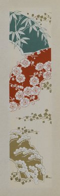 <em>"Textile designs from Classical patterns for dyeing, volume 10, Shochikubai no maki, detail."</em>, 1934-38. Printed material, 12.5 in (31 cm). Brooklyn Museum, Hana Shishu. (NK8884_K17h_v10_p13-14_detail2_PS2.jpg