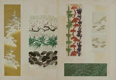 <em>"Textile designs from Classical patterns for dyeing, volume 10, Shochikubai no maki."</em>, 1934-38. Printed material, 12.5 in (31 cm). Brooklyn Museum, Hana Shishu. (NK8884_K17h_v10_p17-18_PS2.jpg