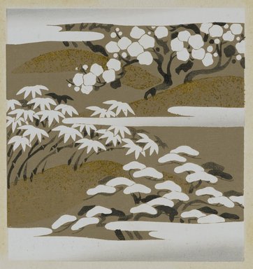 <em>"Textile designs from Classical patterns for dyeing, volume 10, Shochikubai no maki, detail."</em>, 1934-38. Printed material, 12.5 in (31 cm). Brooklyn Museum, Hana Shishu. (NK8884_K17h_v10_p25-26_detail2_PS2.jpg