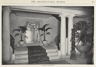 <em>"Entrance Hallway. Residence for H.L. Pratt, Esq., Brooklyn, N.Y. James Brite, Architect."</em>, 1909. Printed material. Brooklyn Museum. (Photo: Brooklyn Museum, PER_Architectural_Review_1909_vol16_page067_entrance_hallway_PS9.jpg