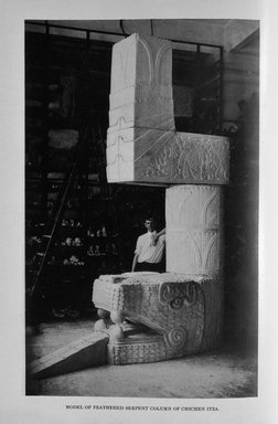 <em>"Model of Feathered Serpent Column of Chichen Itza."</em>, 1914. b/w negative, 4x5in. Brooklyn Museum. (PER_Art_and_Archaeology_v1_1914_p82_bw.jpg