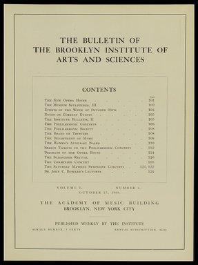<em>"Table of contents."</em>, 1908. Printed material. Brooklyn Museum, METRO 2015 Brooklyn Institute Bulletin project. (Photo: Brooklyn Museum, PER_Bulletin_of_the_Brooklyn_Institute_of_Arts_and_Sciences_1908-1909_v01_n06_p003.jpg