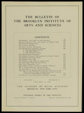 <em>"Table of contents."</em>, 1909. Printed material. Brooklyn Museum, METRO 2015 Brooklyn Institute Bulletin project. (Photo: Brooklyn Museum, PER_Bulletin_of_the_Brooklyn_Institute_of_Arts_and_Sciences_1908-1909_v01_n19_p007.jpg