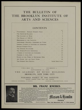 <em>"Table of contents."</em>, 1909. Printed material. Brooklyn Museum, METRO 2015 Brooklyn Institute Bulletin project. (Photo: Brooklyn Museum, PER_Bulletin_of_the_Brooklyn_Institute_of_Arts_and_Sciences_1909-1910_v03_n01_p005.jpg