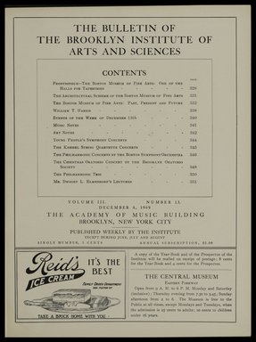 <em>"Table of contents."</em>, 1909. Printed material. Brooklyn Museum, METRO 2015 Brooklyn Institute Bulletin project. (Photo: Brooklyn Museum, PER_Bulletin_of_the_Brooklyn_Institute_of_Arts_and_Sciences_1909-1910_v03_n13_p005.jpg