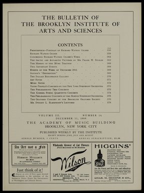 <em>"Table of contents."</em>, 1909. Printed material. Brooklyn Museum, METRO 2015 Brooklyn Institute Bulletin project. (Photo: Brooklyn Museum, PER_Bulletin_of_the_Brooklyn_Institute_of_Arts_and_Sciences_1909-1910_v03_n14_p005.jpg