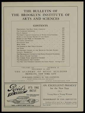 <em>"Table of contents."</em>, 1909. Printed material. Brooklyn Museum, METRO 2015 Brooklyn Institute Bulletin project. (Photo: Brooklyn Museum, PER_Bulletin_of_the_Brooklyn_Institute_of_Arts_and_Sciences_1909-1910_v03_n15_p005.jpg
