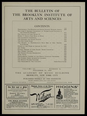 <em>"Table of contents."</em>, 1909. Printed material. Brooklyn Museum, METRO 2015 Brooklyn Institute Bulletin project. (Photo: Brooklyn Museum, PER_Bulletin_of_the_Brooklyn_Institute_of_Arts_and_Sciences_1909-1910_v03_n16_p005.jpg