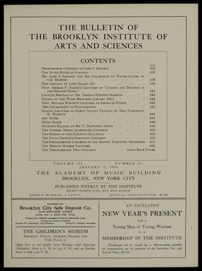 <em>"Table of contents."</em>, 1910. Printed material. Brooklyn Museum, METRO 2015 Brooklyn Institute Bulletin project. (Photo: Brooklyn Museum, PER_Bulletin_of_the_Brooklyn_Institute_of_Arts_and_Sciences_1909-1910_v03_n17_p005.jpg