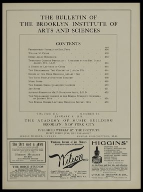 <em>"Table of contents."</em>, 1910. Printed material. Brooklyn Museum, METRO 2015 Brooklyn Institute Bulletin project. (Photo: Brooklyn Museum, PER_Bulletin_of_the_Brooklyn_Institute_of_Arts_and_Sciences_1909-1910_v03_n18_p005.jpg